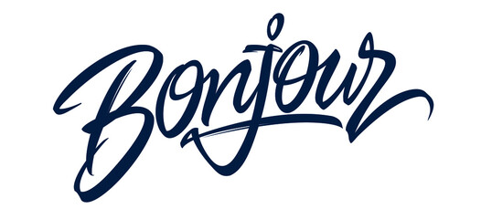 Bonjour handwritten vector inscription. Hand lettered french phrase Bonjour. © Inkberry