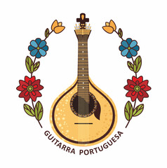 Guitarra Portuguesa ancient Fado folk musical instrument in Portugal. Portuguese guitar. Vector illustration