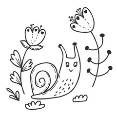 Cute garden snail with decorative flowers and grass. Linear hand drawn doodle. Funny mollusk cochlea. Vector illustration.