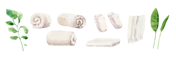 Watercolor hand painted home spa bathroom interior decor illustration isolated on white background. Towels and leaves. Hand painted illustration isolated on white background.