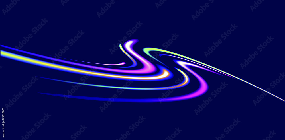 Aufkleber neon lights creating wavy curve abstract background in the dark. vector illustration
