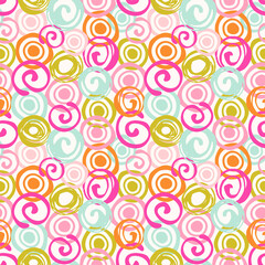 Seamless vector pattern with swirls, spirals and circles in trendy color palette.