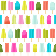 Seamless vector pattern with ice cream and popsicles in bright color palette.
