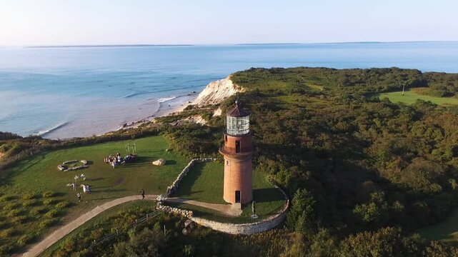 Aerial footage of Gayhead Lighthouse in Aquinnah, Martha's Vineyard
