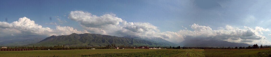 Horizon cloudy sky, mountains, panorama with poppies. 