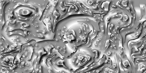 Silver metallic background. Water drops on glass. Acrylic liquid pouring painting black and white. Bubbles in gel. Bubble texture on gray background. Liquid paint texture.decorative spirals and swirls