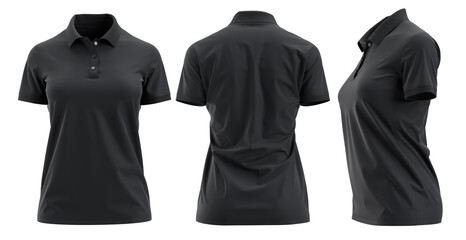Black polo shirts mockup for ladies,  front back and side used as a design template, isolated on white background