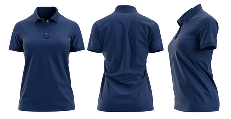 Navy polo shirts mockup for ladies,  front back and side used as a design template, isolated on white background