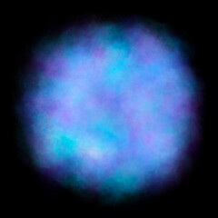 Round foggy blue cloud on black background. Neon colors.
