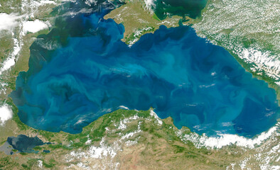 Phytoplankton Blooms in the Black Sea, Top view of Black Sea, Aerial view of Istanbul Bosporus,...