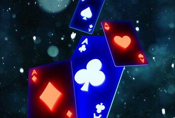 Glowing casino cards game on dark black background - 3d render. Flying cards for online casinos and mobile gambling applications, poker - winner, wealth concept.