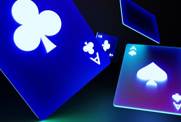 Glowing casino cards game on dark black background - 3d render. Flying cards for online casinos and mobile gambling applications, poker - winner, wealth concept.