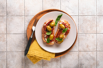 Bruschetta with sun dried tomatoes. Toast or sandwich with ricotta, sun dried tomatoes and Provence...