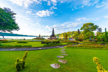 Pura Ulun Danu Bratan, Hindu temple on Bratan lake landscape, one of famous tourist attraction in Bali, Indonesia