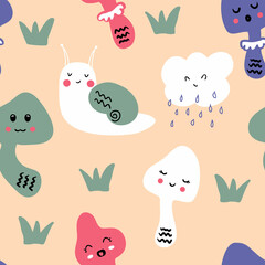 Doodle seamless pattern with mushrooms and snails in 1970s style. Perfect for T-shirt, textile and print. Hippie aesthetic vector background for decor and design.