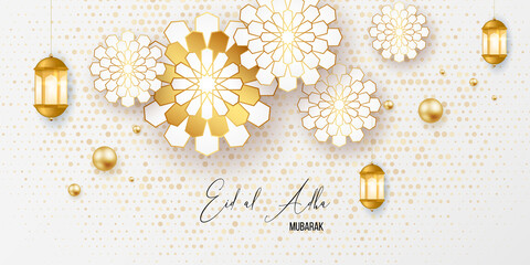 Eid al adha banner design of Eid Mubarak for the celebration of Muslim community festival Eid Al Adha. Greeting card with paper art and crescent on background. Vector illustration. © mariaevergreen