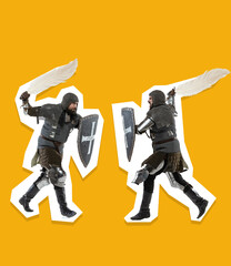 Contemporary art collage with two medieval knights fight over yellow background. Vintage, surrealism, art, funny meme concept