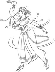 Gopika or Sevika, lord's servant's drawn in Indian folk art form Kalamkari, for textile printing, coloring book, textile/ fabric prints, phone case, greeting card. logo, calendar