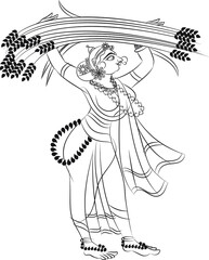 Indian village morning rituals. Women carried farm produce to the market. Drawn in Indian folk art, Kalamkari style. for textile printing, logo, wallpaper