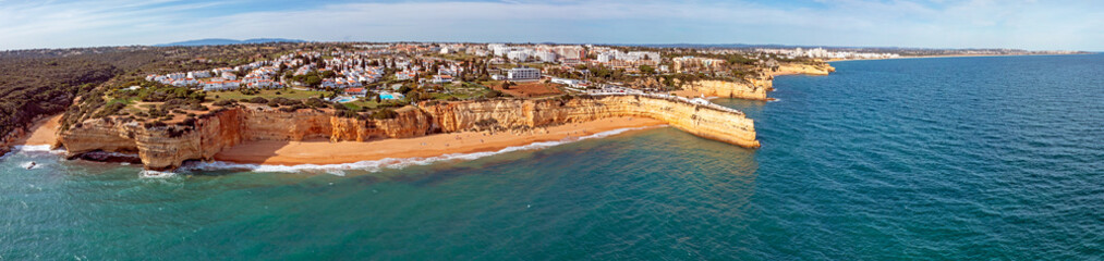 Fototapeta na wymiar Aerial panorama from the Algarve coastline at Church Senhora de Nossa in Armacao de Pera Portugal