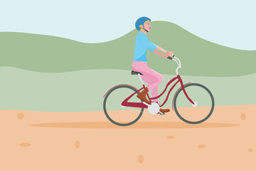 Obraz premium Illustration girl rides a bike in the park. landscape