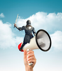 Contemporary art collage with medieval knight, warrior flying on megaphone over blue cloudy...
