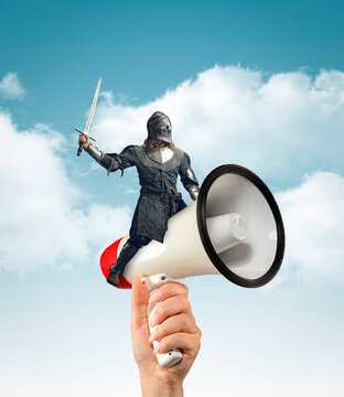Contemporary art collage with medieval knight, warrior flying on megaphone over blue cloudy background. Vintage, surrealism, art concept