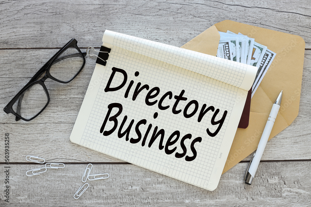 Aufkleber directory business text on a notepad page. notebook on an envelope