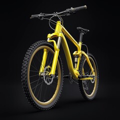 yellow mountain bike on an isolated black background. 3d rendering.