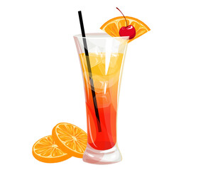 Tequila Sunrise cocktail.Summer alcoholic cocktail. Refreshing tropical drink with a slice of orange, ice cubes and cherries.Vector illustration.The concept of drinks.