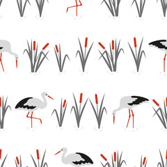 Storks and reeds seamless vector pattern. Textile, fabric design