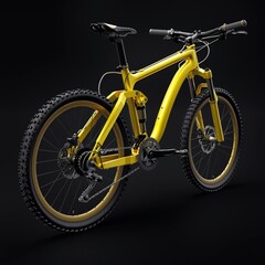 yellow mountain bike on an isolated black background. 3d rendering.