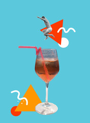 Contemporary trendy art collage of summer beach cocktails with palms