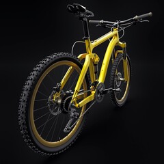 yellow mountain bike on an isolated black background. 3d rendering.