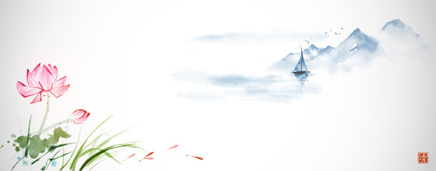 Landscape with lotus flowers, fishing boat and blue mountains. Traditional oriental ink painting sumi-e, u-sin, go-hua. Hieroglyph - clarity. © elinacious