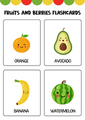 Cute cartoon fruits and berries with names. Flashcards for children.