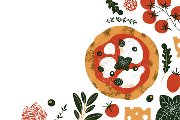 Italian pizza design template. Pizza Margherita with tomatoes and mozzarella on the white background.  - obrazy, fototapety, plakaty