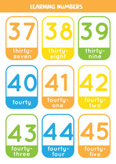 Learning numbers cards from 37 to 45. Colorful flashcards.