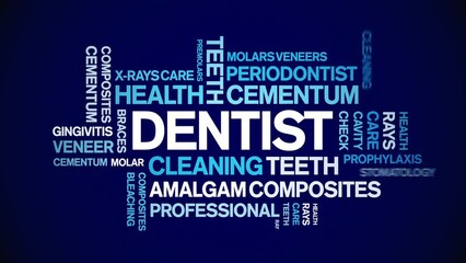 Dentist animated tag word cloud;text design animation kinetic typography seamless loop.