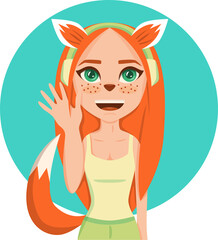 Sticker of a redhead girl with fox ears and tail. The girl-fox waves her hand in greeting.