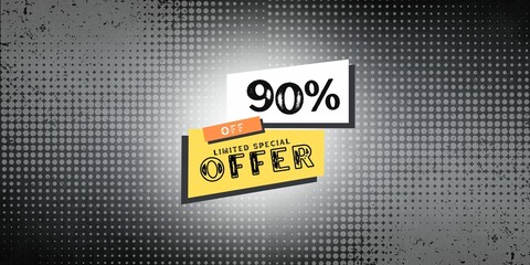 90% off limited special offer. Banner with ninety percent discount on a  black and circles white background with white square and yellow