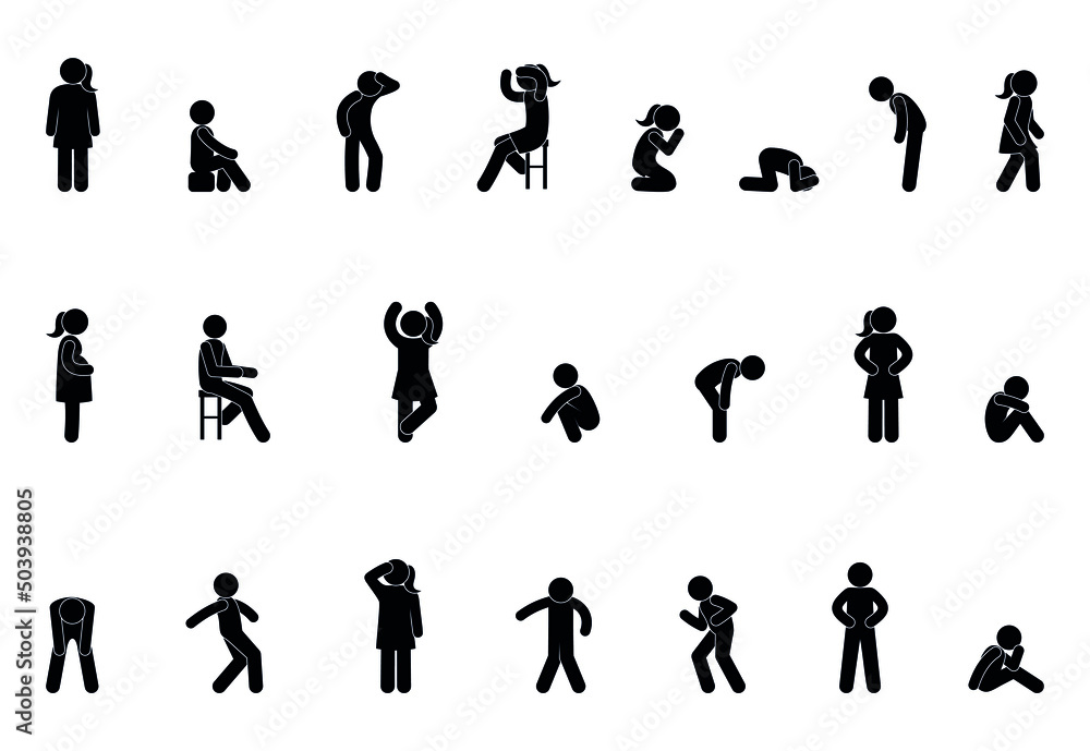 Wall mural people icon collection, isolated human silhouettes, man and woman illustration, person running, standing, sitting