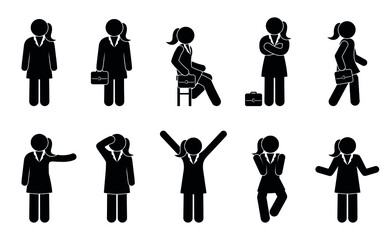 collection icons professional woman, illustrations business poses, human postures silhouettes, actions, vector isolated, businesswoman sitting, standing, walking