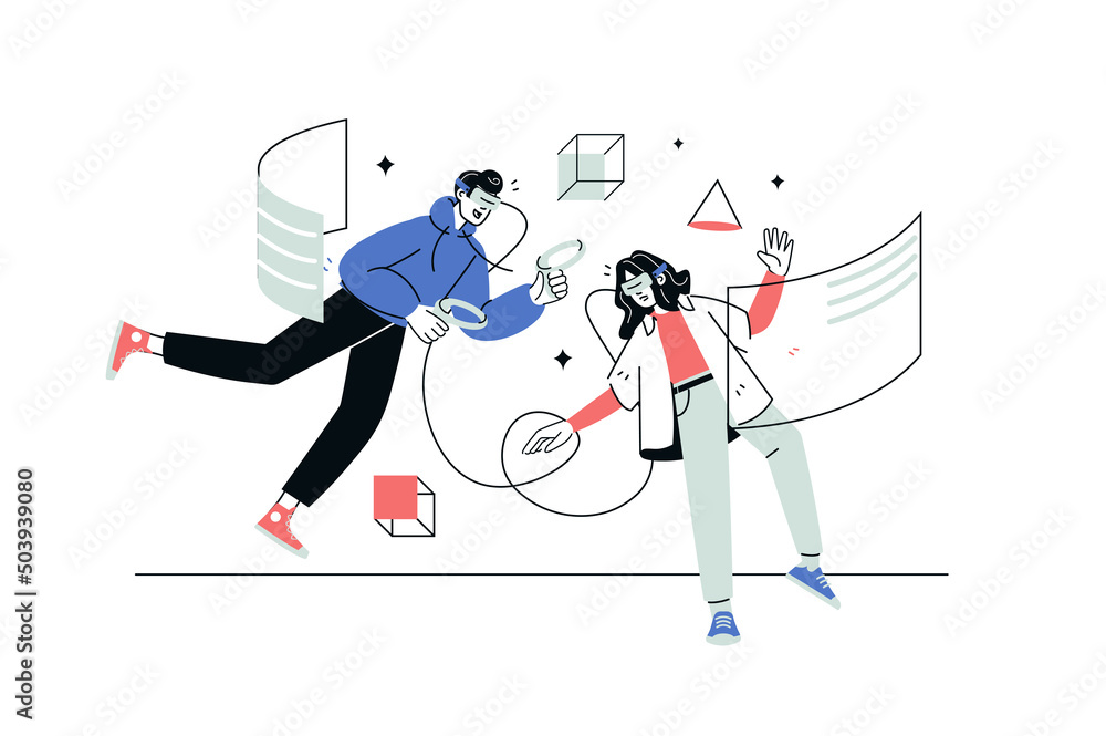 Poster metaverse concept in flat line design. man and woman using vr headsets and controllers for learning 