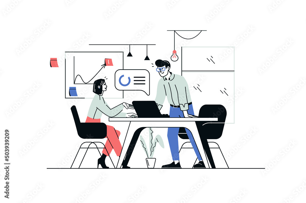 Poster digital business concept in flat line design. man and woman work together, discuss strategy, promoti