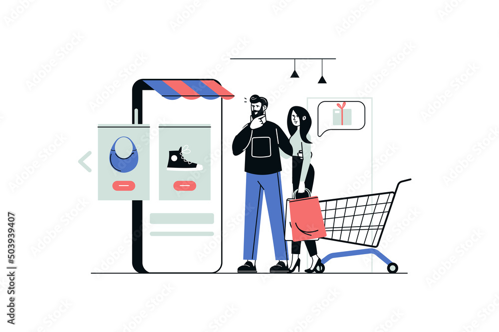 Poster E-commerce concept in flat line design. Man and woman search and choose goods on website of store in mobile application and pay for purchases. Vector illustration with outline people scene for web