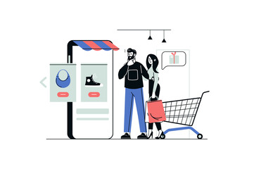 E-commerce concept in flat line design. Man and woman search and choose goods on website of store in mobile application and pay for purchases. Vector illustration with outline people scene for web