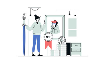 NFT concept in flat line design. Woman creates digital paintings with non fungible token for sale on online auction. Artist doing unique artwork. Vector illustration with outline people scene for web