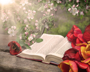 Still life from ancient book and lush boquet