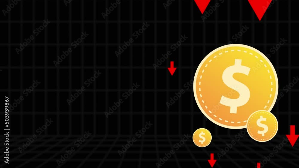Poster dollar coins with red arrows down in black grid background. financial problem. animation